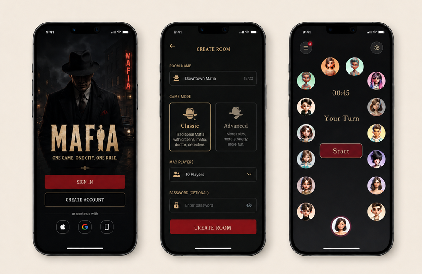 Mafia game mobile interface preview